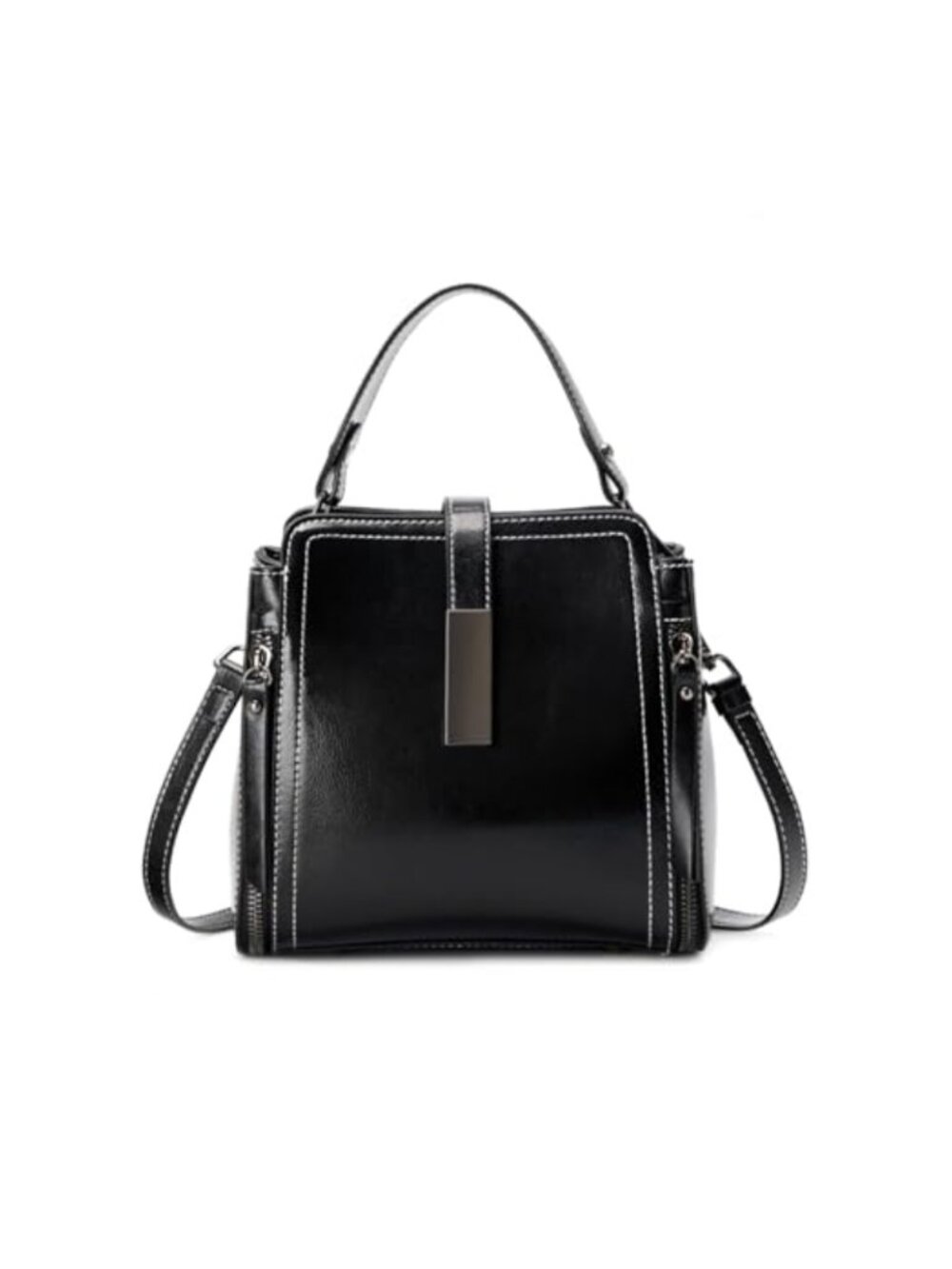 Genuine Leather Bucket Crossbody Shoulder Bag with Wide Knit Strap
